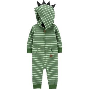 EUC Carter's Dinosaur Stripe Hooded Zip-Up Jumpsuit - Green/White - 0-3 Months